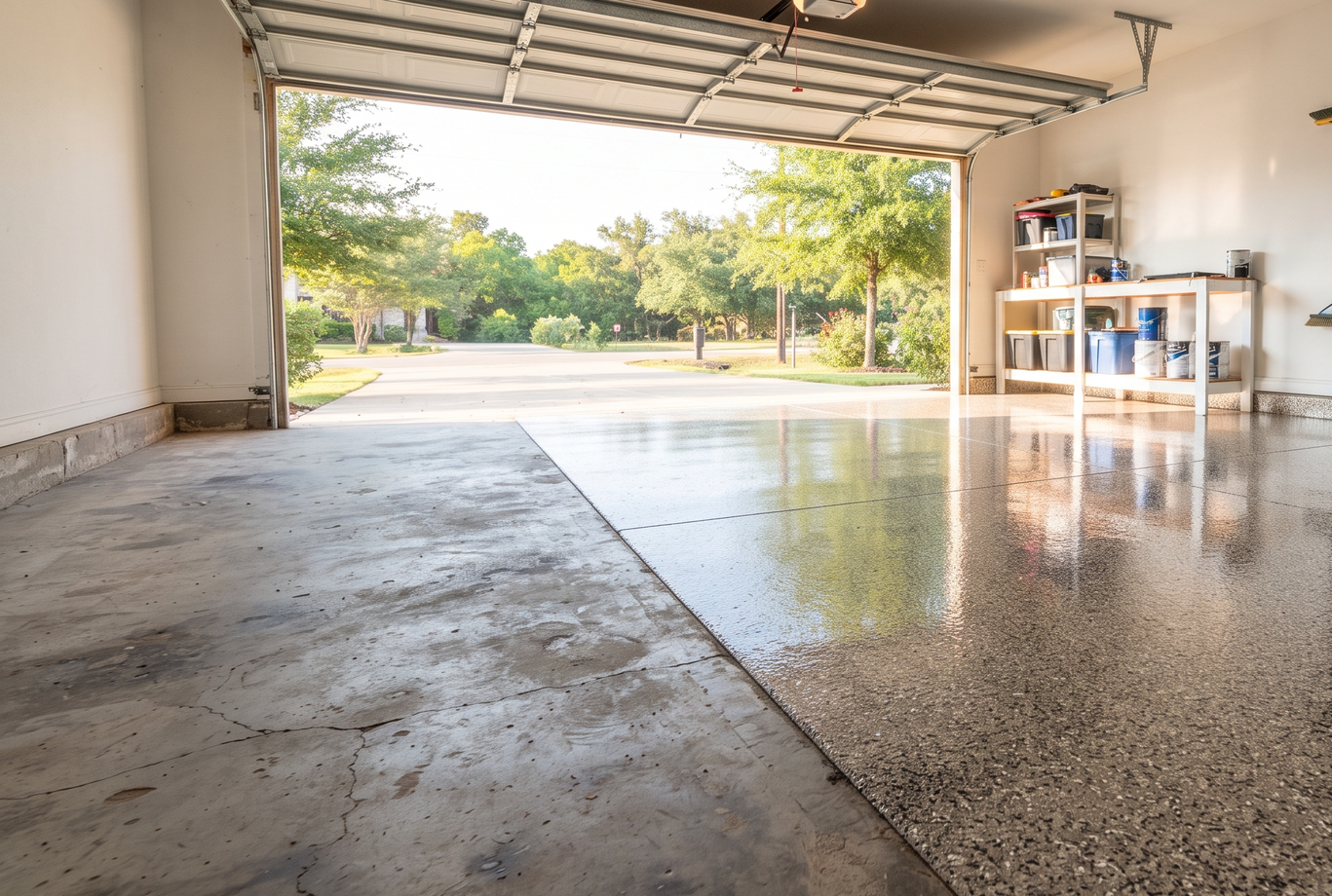Spacious garage with polished concrete floor and open door to a sunny yard.
