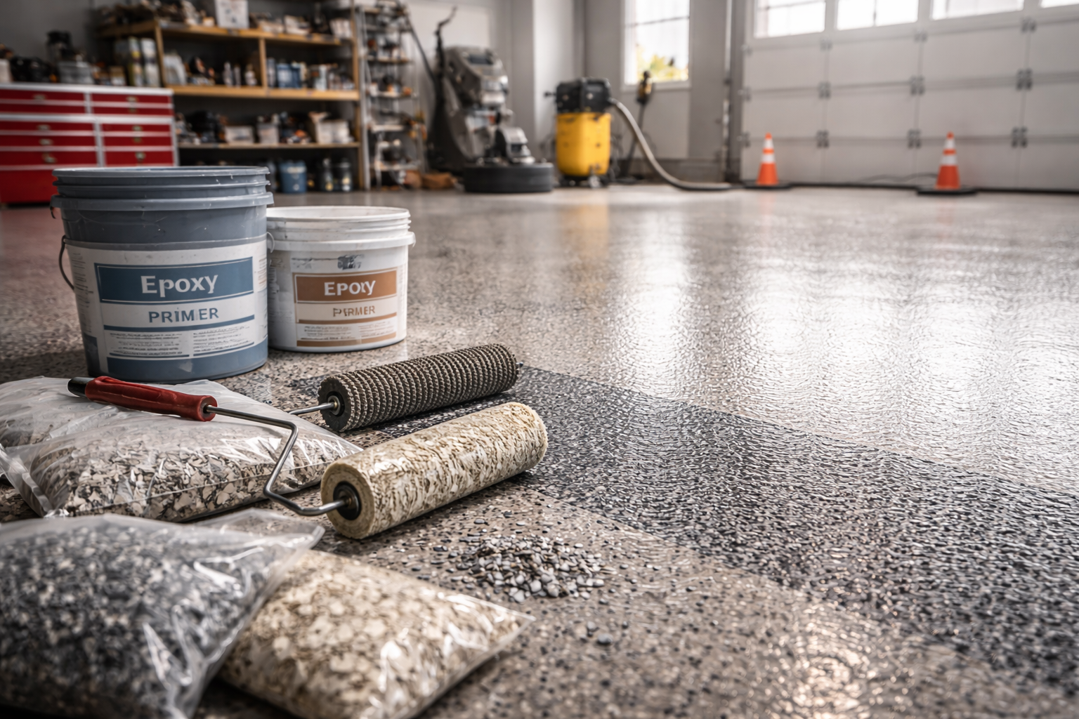 Garage floor epoxy application. Buckets of epoxy and flakes with rollers and tools on a newly coated floor.