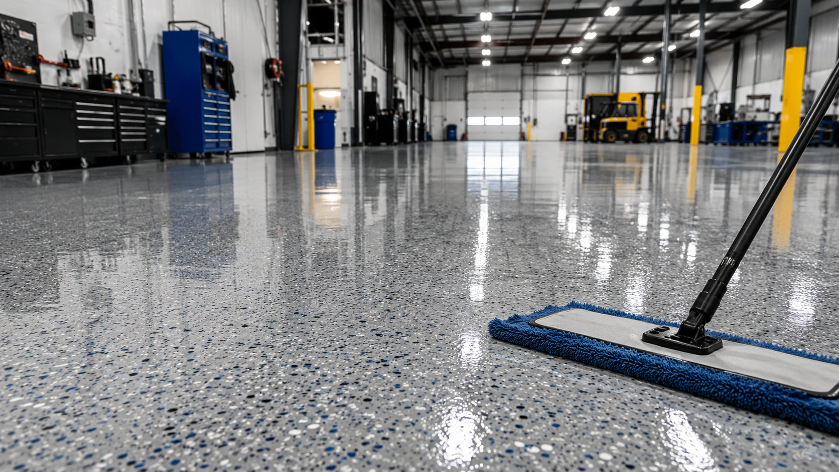 Industrial floor being coated with glossy gray epoxy as a blue squeegee spreads it in a warehouse.
