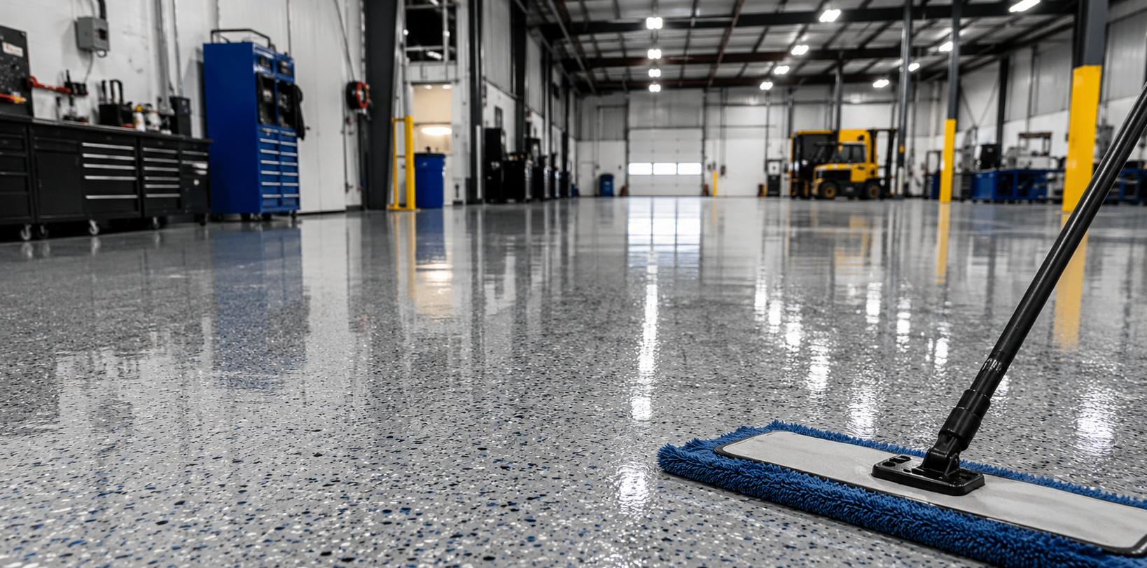 Industrial floor being cleaned with a blue mop in a warehouse garage.