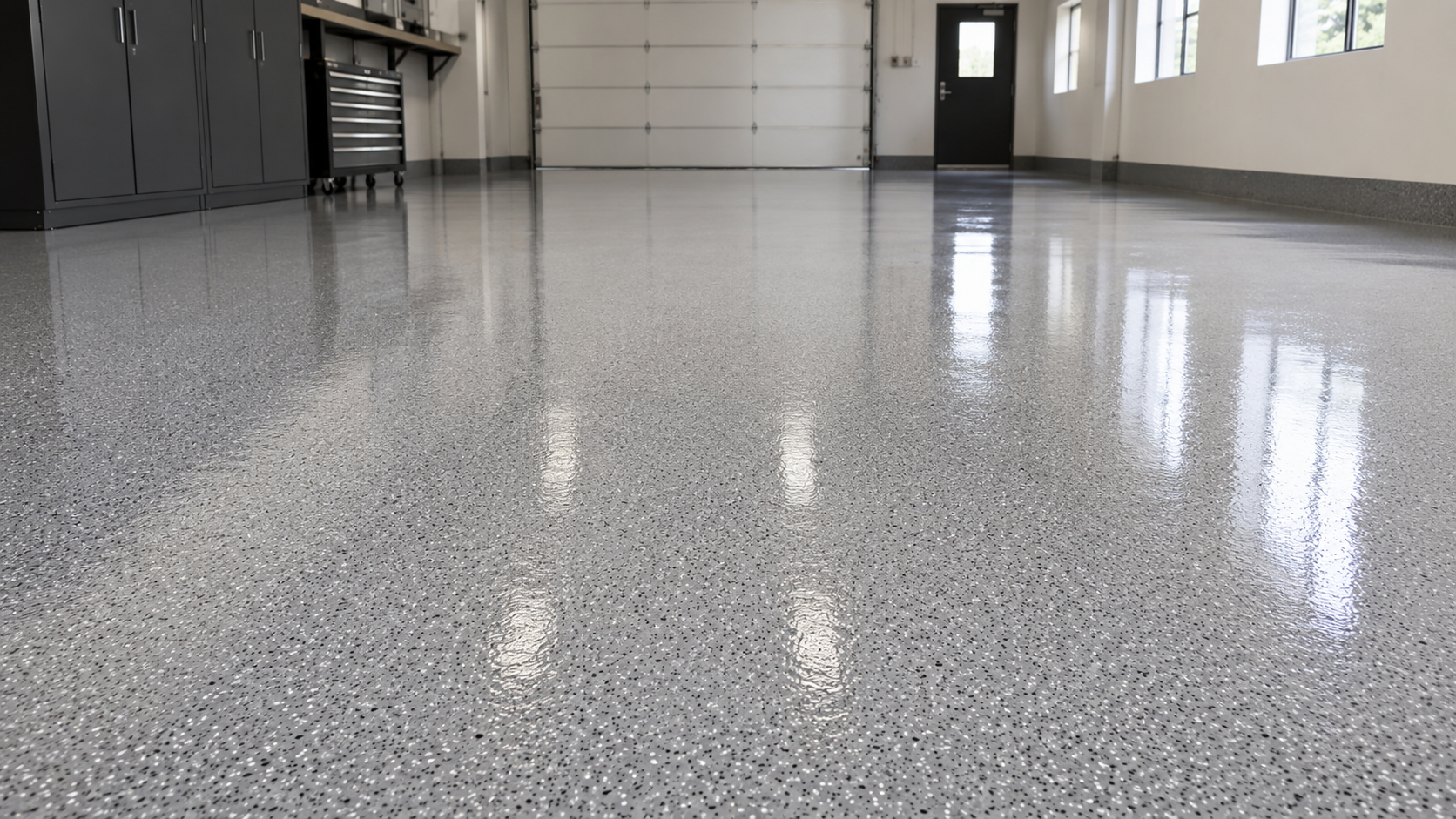 Empty polished garage with speckled epoxy floor and reflected overhead lights