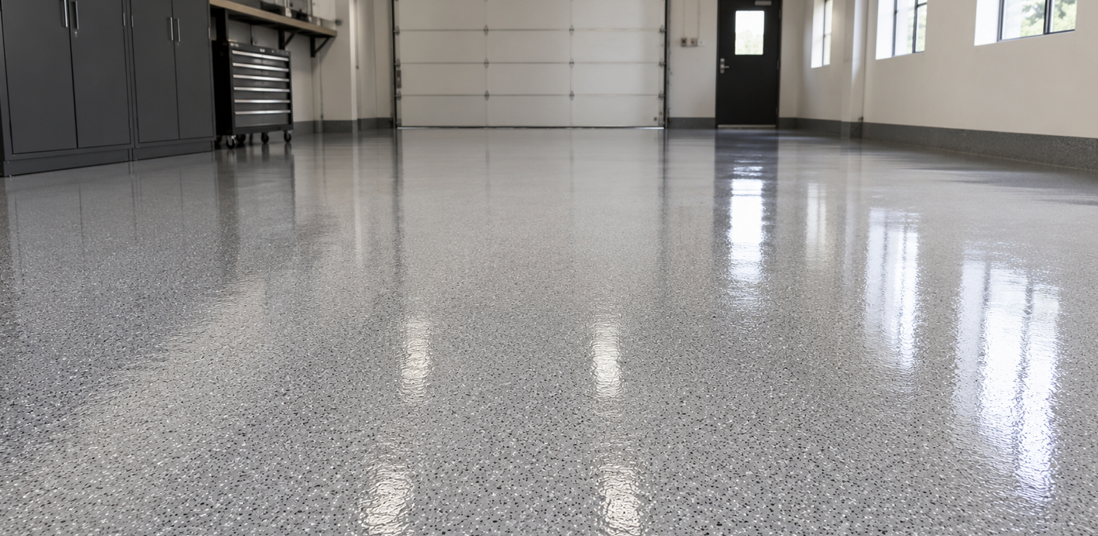 Empty garage with glossy gray epoxy floor reflecting overhead lights and doors.