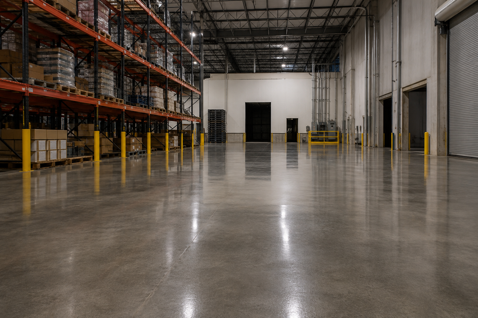 Empty warehouse aisle with polished concrete floor, yellow safety posts, and tall storage racks on the left