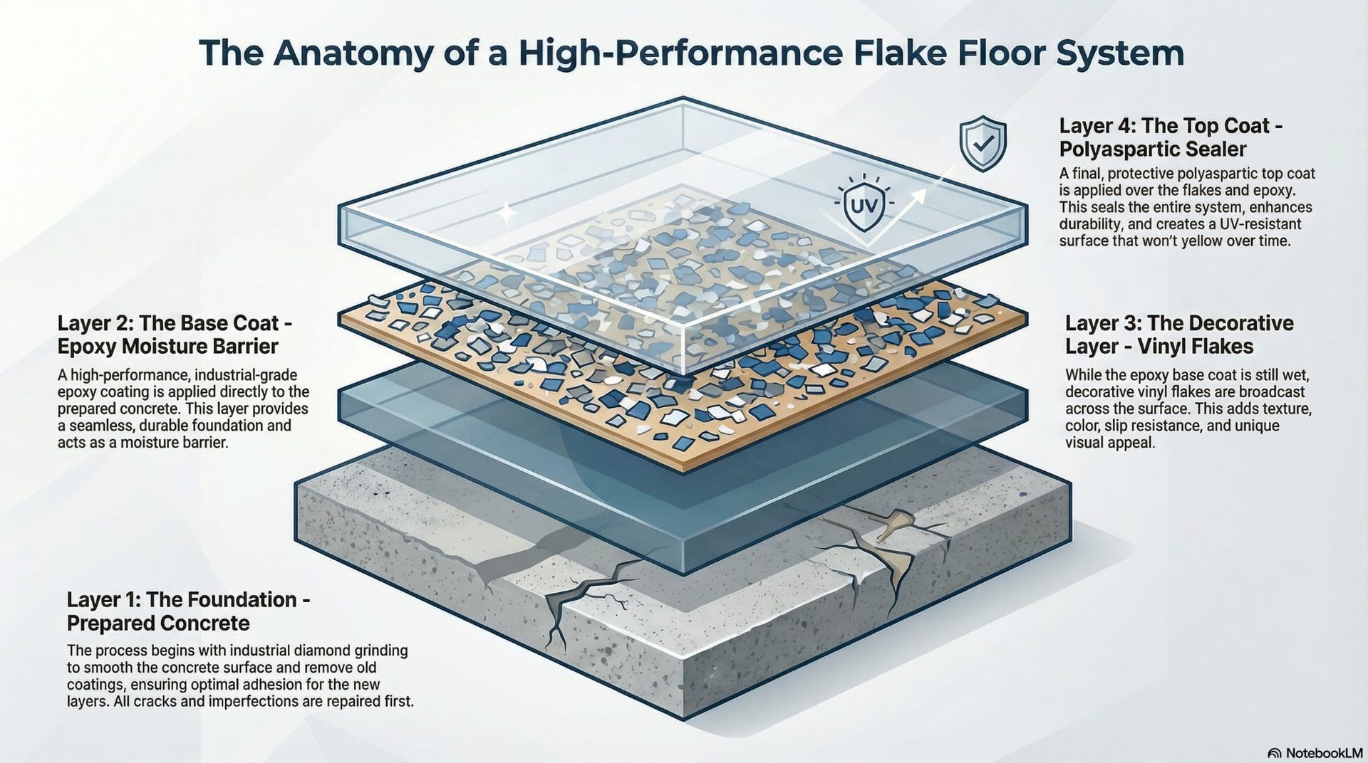 Diagram of a layered flake floor system: concrete base, epoxy moisture barrier, decorative vinyl flakes, and a topcoat.