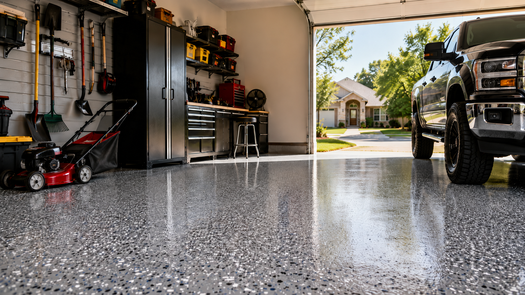 Single-car garage with a glossy speckled floor, tool storage, lawn equipment, and a truck parked by the open door
