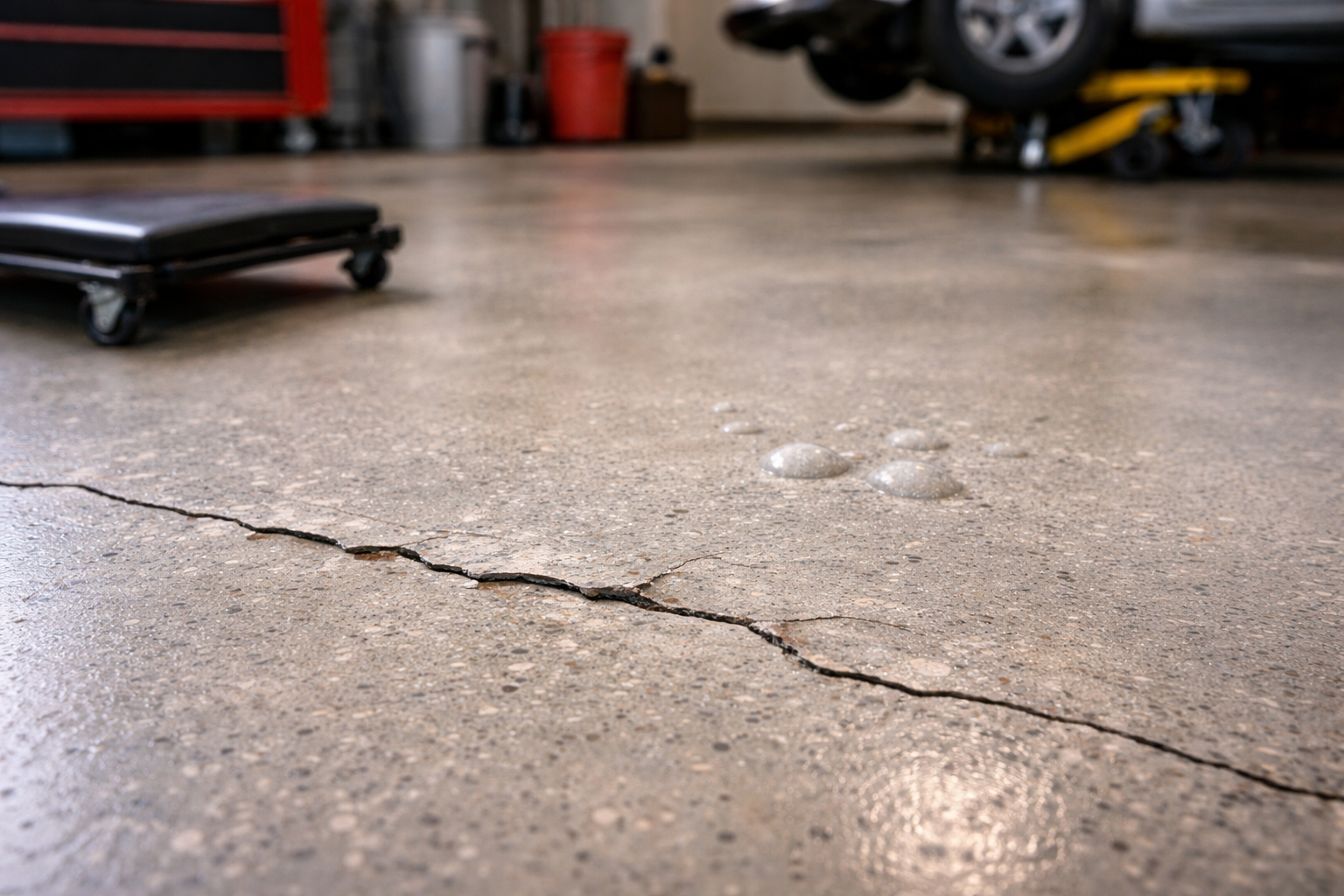 A garage floor with a prominent diagonal crack and bubbling.