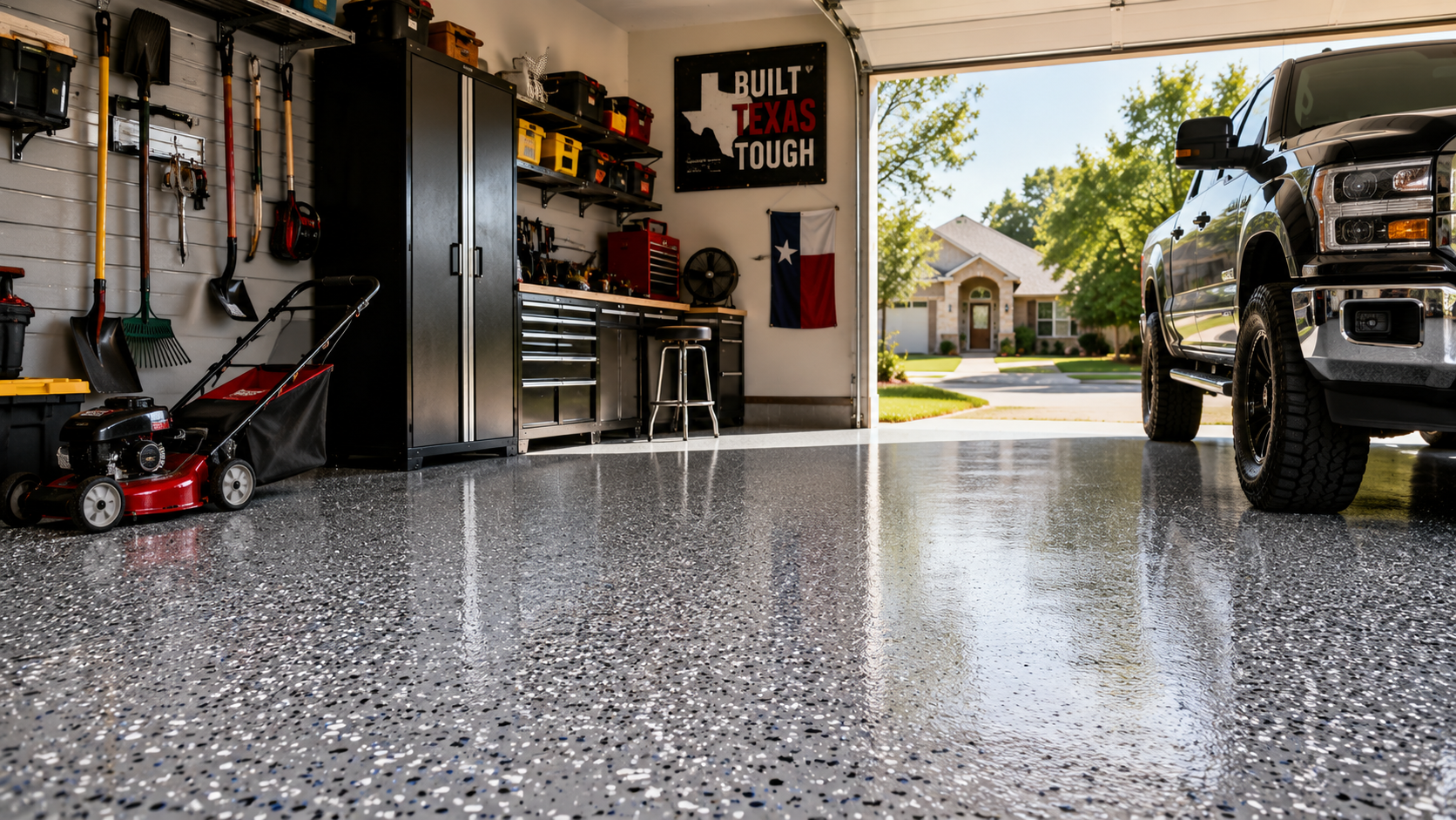Garage interior with a black truck, storage shelves, and a shiny speckled floor opening to a sunny driveway