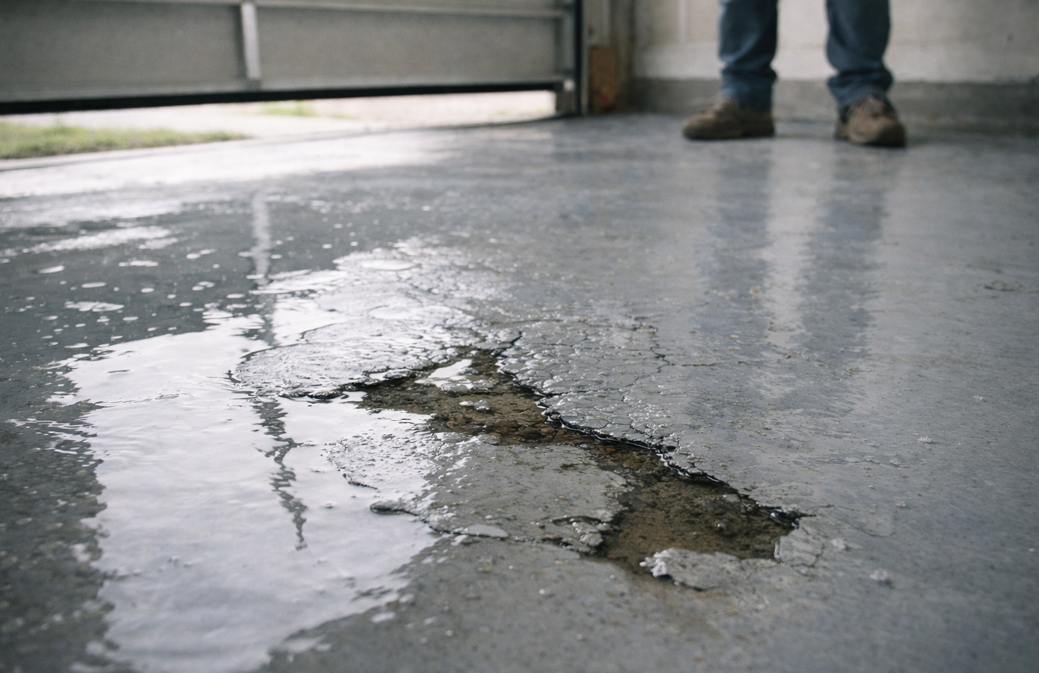 A person stands near a large area of peeling, damaged epoxy coating on a gray concrete garage floor.