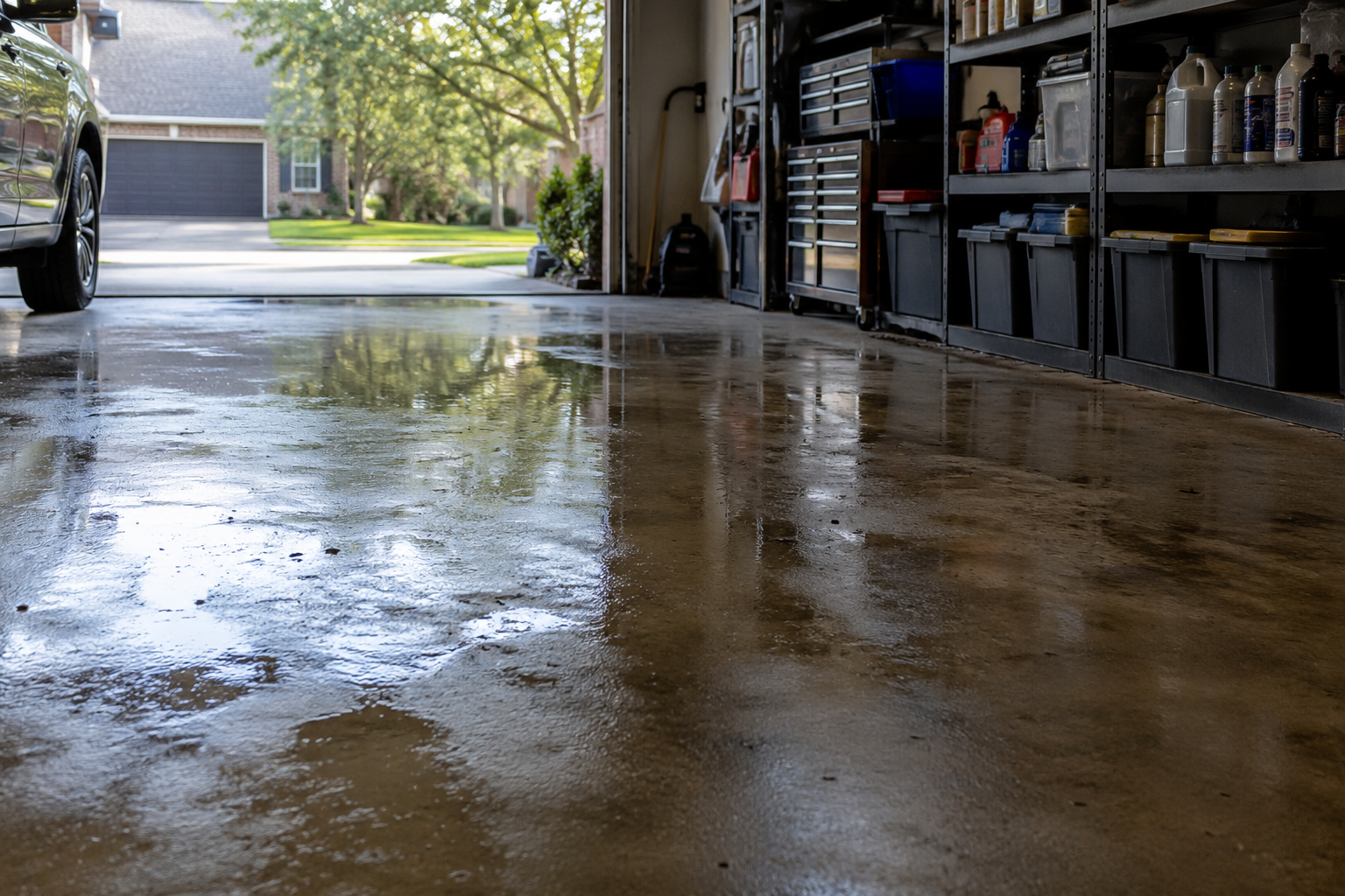 Flooded garage floor reflecting daylight, with tools and shelves lining the sides.