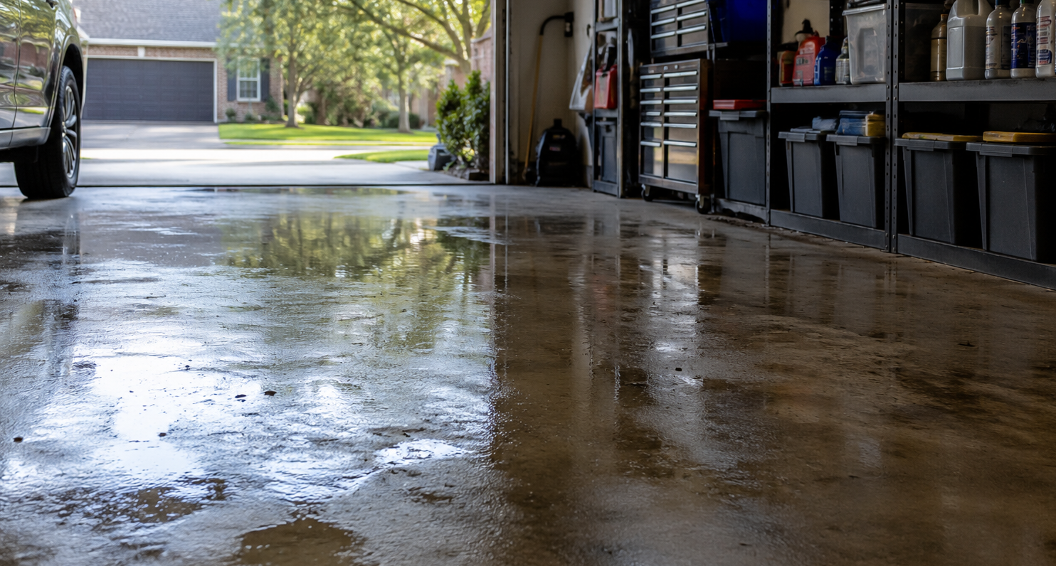 Water pooled across a garage floor with open storage shelves and a driveway outside.