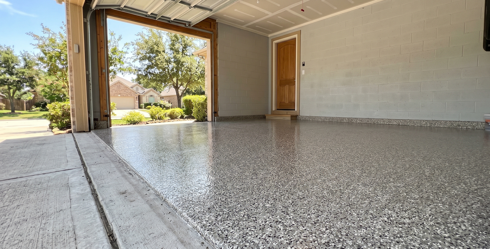 Covered porch with a speckled concrete floor, white wall, and open view to the yard.