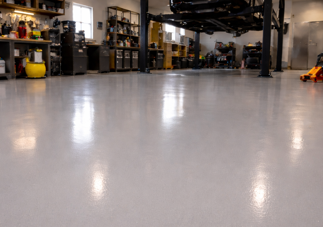 A garage with a shiny gray floor, tools, a car lift, and a car raised above the floor.