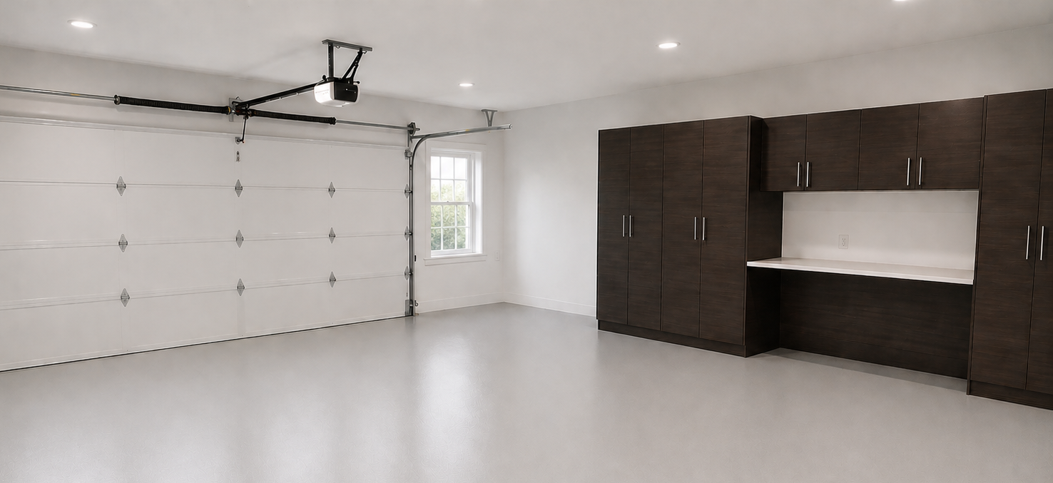 Spacious empty garage with white floor, dark cabinets, and a large sectional garage door