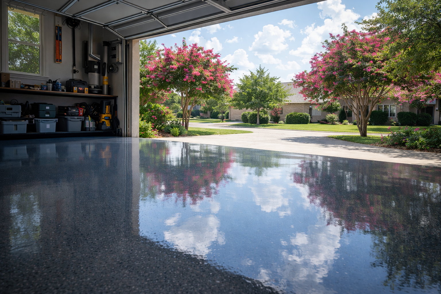 Garage with shiny gray epoxy floor reflecting sky and flowering trees.