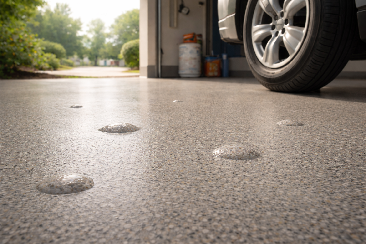 Close-up of a garage floor with raised epoxy bubbles and a partial view of a car tire in the background.