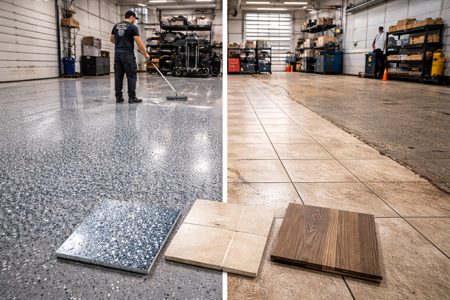 A person applying a speckled coating to a garage floor. Sample tiles show different flooring options.