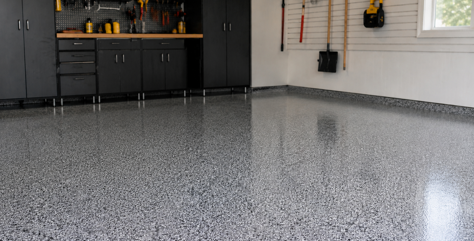 Empty garage with a speckled epoxy floor, cabinets, and wall tools.