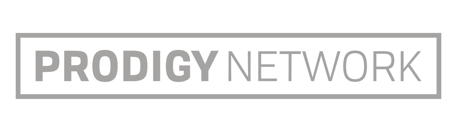 The logo for prodigy network is gray and white.