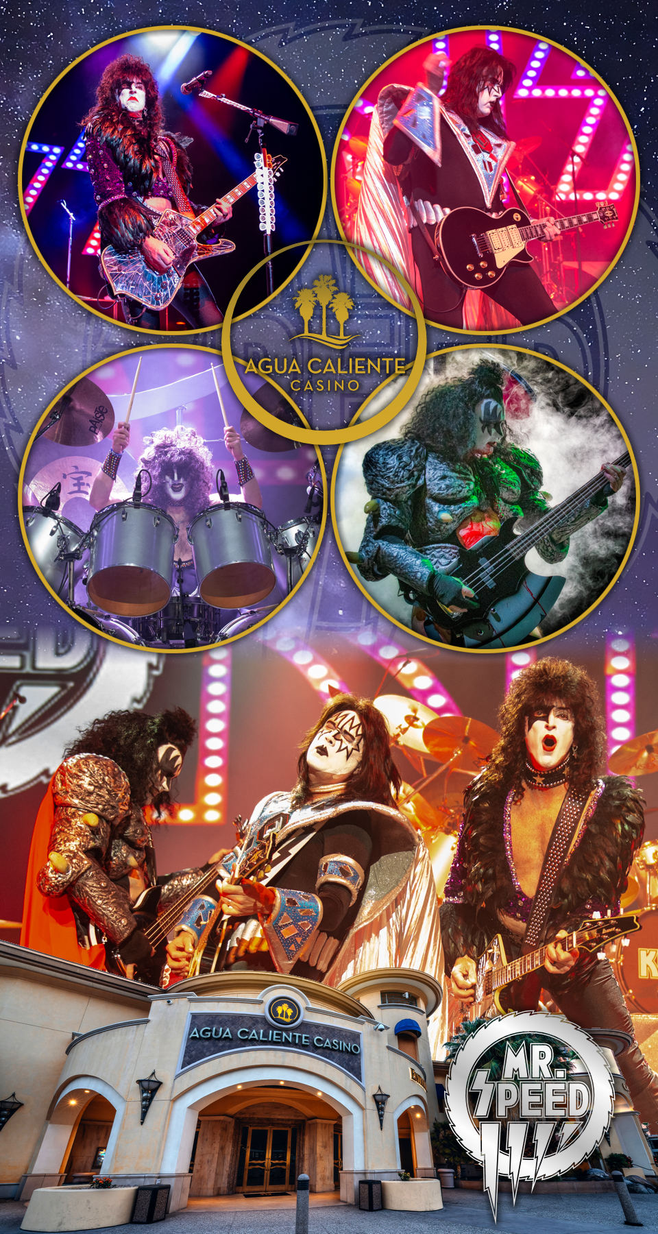 Collage of Mr. Speed live at the Agua Casino in California

