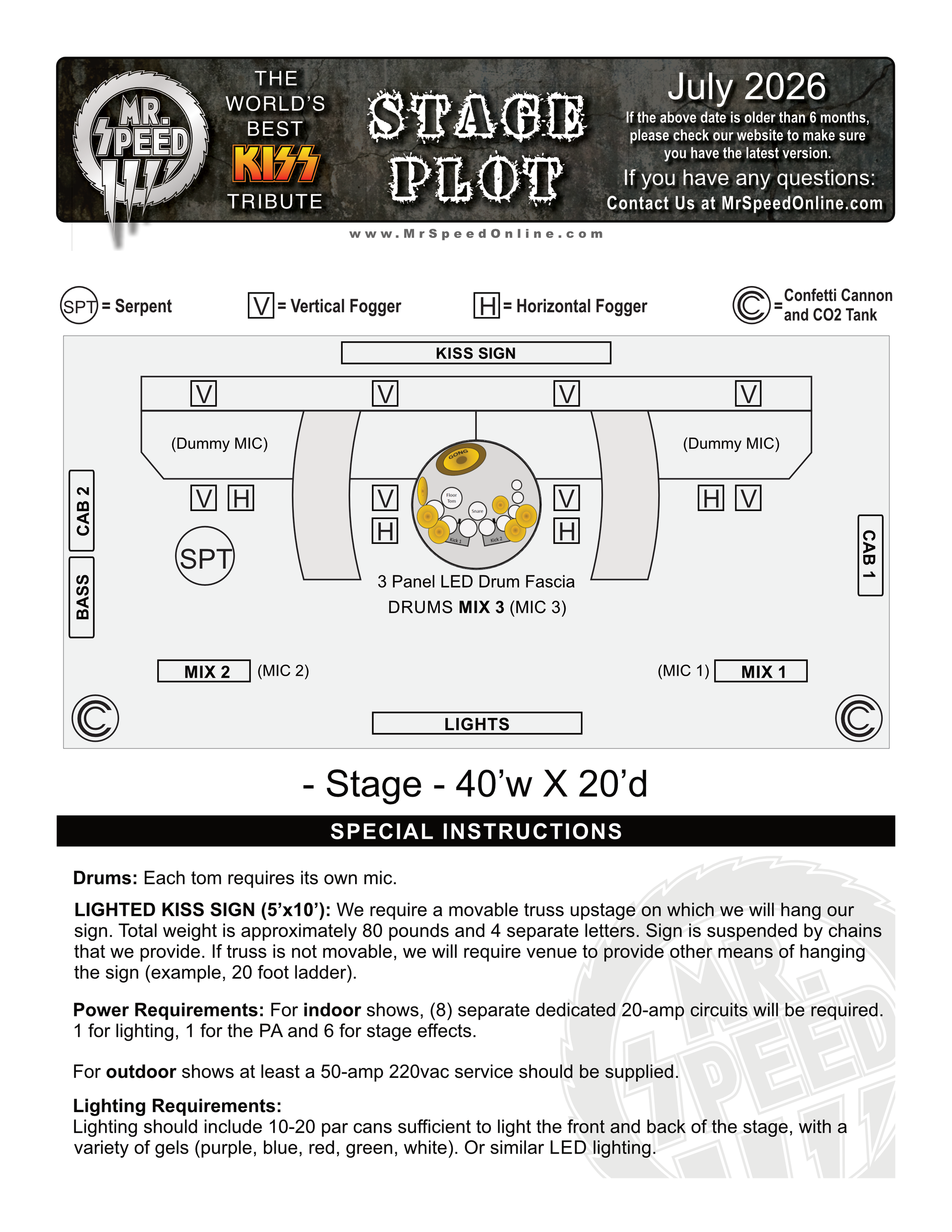 Drawing of a stage plot for 2026 tour