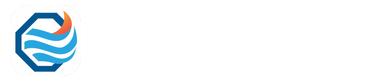 Logo with a blue hexagon containing a stylized wave design in blue and orange.