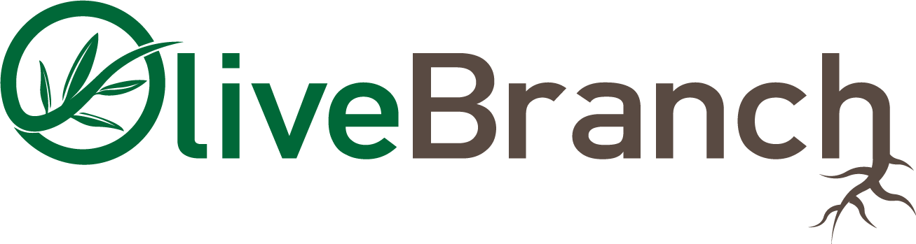 A logo for olive branch landscape management with a tree branch