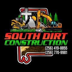 South Dirt Construction logo with excavator, bulldozer and Louisiana outline, plus phone numbers