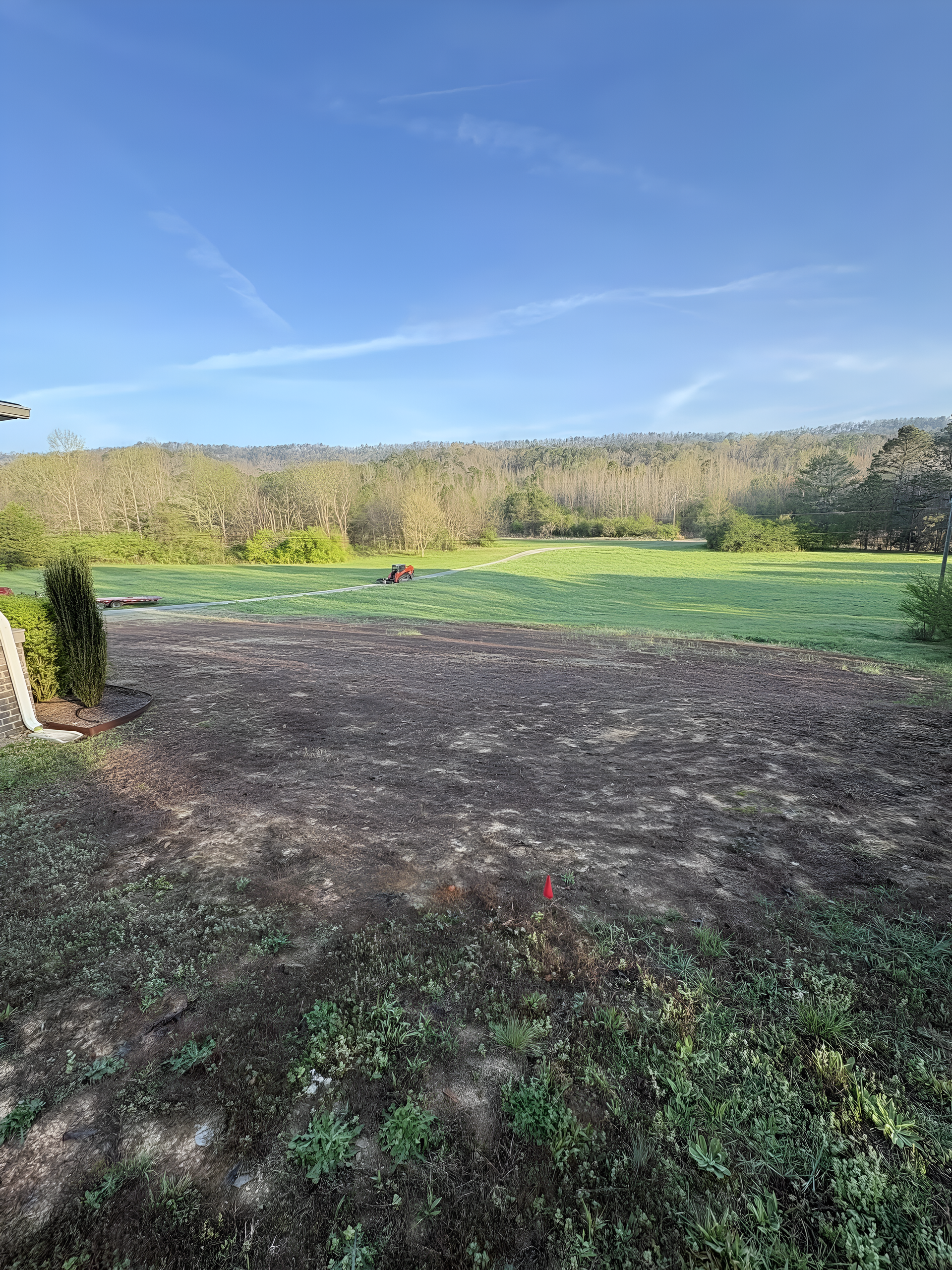 Grassy field with a bare patch of soil under a blue sky, with trees lining the horizon.