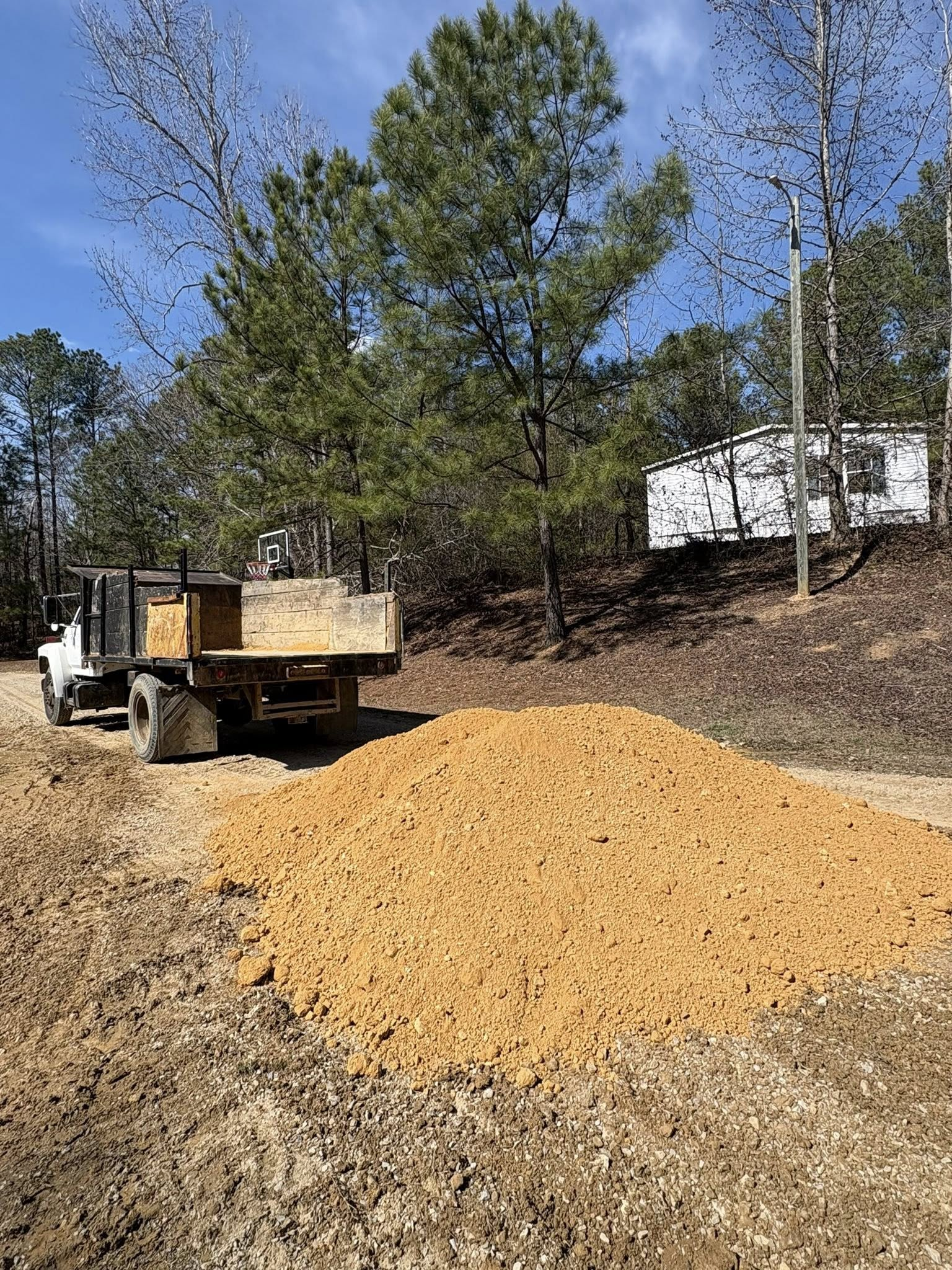 Dump truck beside a large pile of tan wood chips in a wooded yard under a blue sky