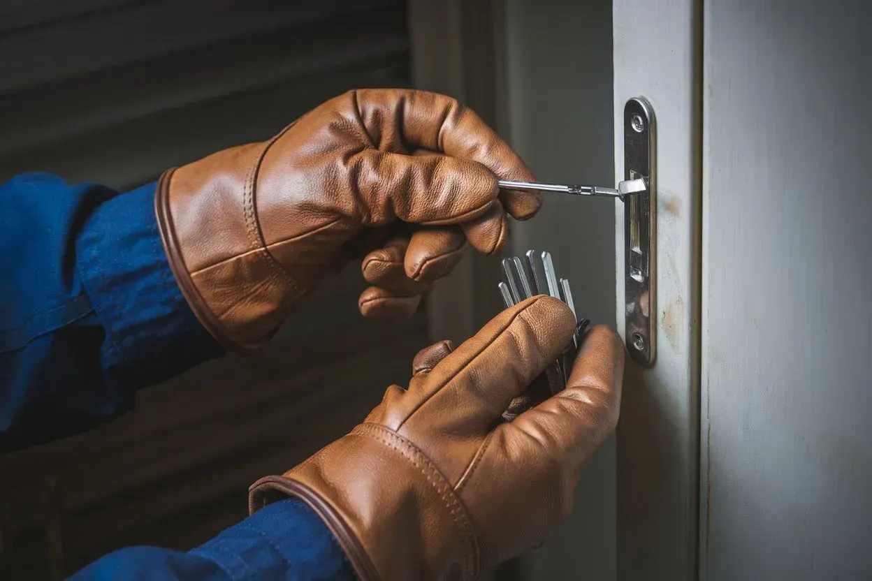 Gloved hands using a key to unlock a silver door handle