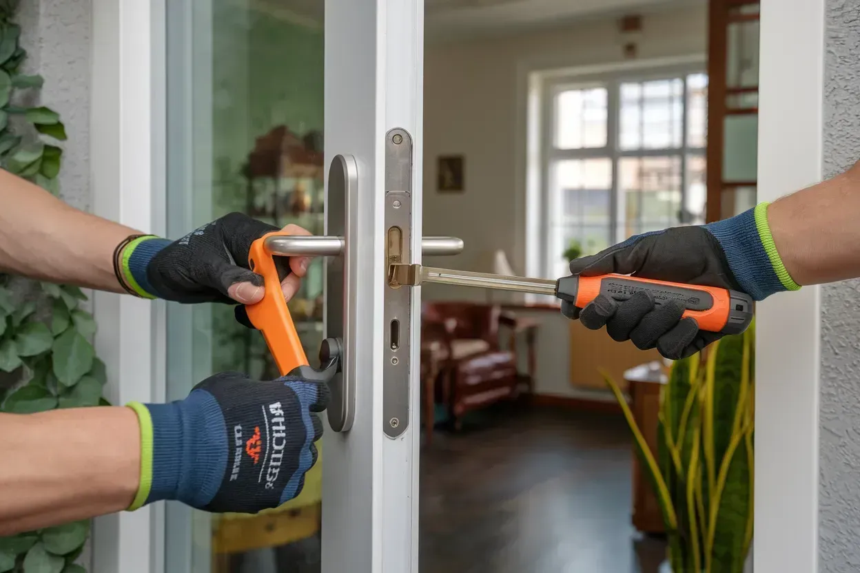 Two gloved hands use pry tools to force open a glass door from outside.