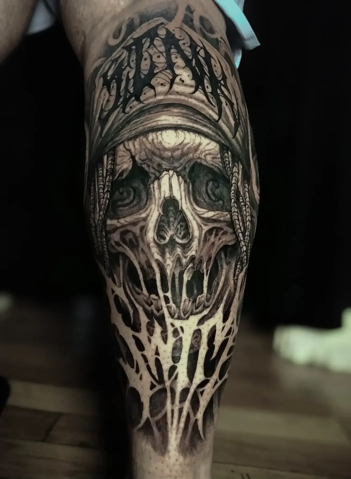 Dark freehand tattoo — bio-organic design
drawn directly onto skin by Crawlspace Tattoo Artist based in London