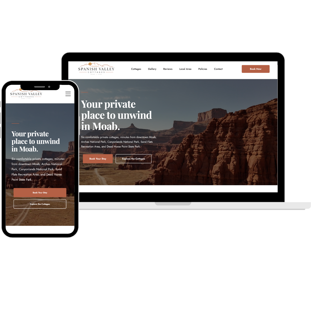 Responsive travel website displayed on laptop and phone with desert canyon hero image and booking button