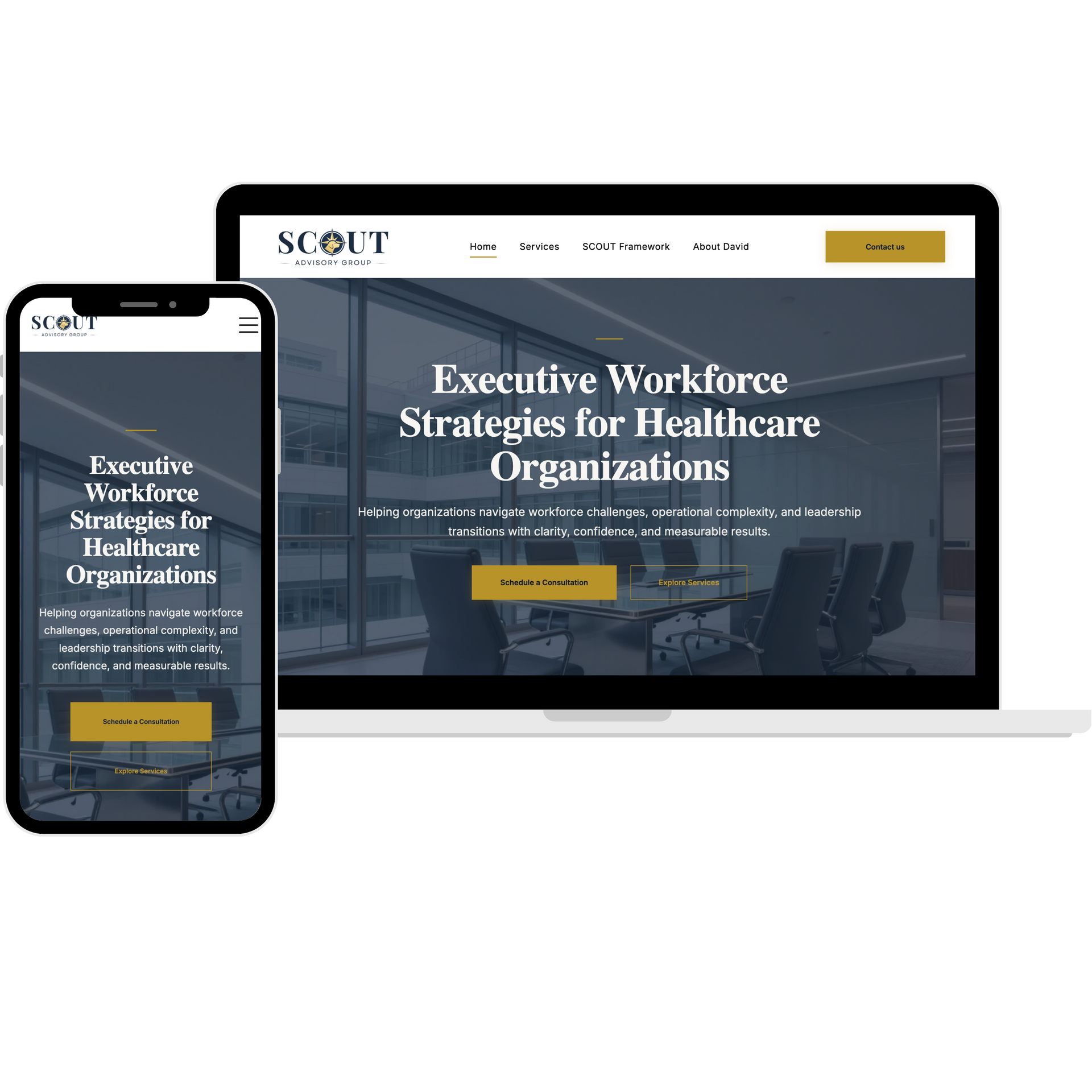 Laptop and smartphone displaying a healthcare strategy website with dark blue hero banner and yellow buttons