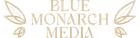 Blue Monarch Media logo in gold serif text with butterfly wings on a white background