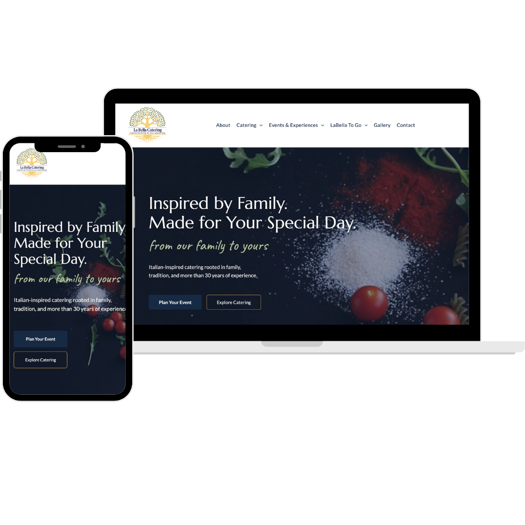 Mobile and desktop website mockup with dark floral hero banner and white headline text