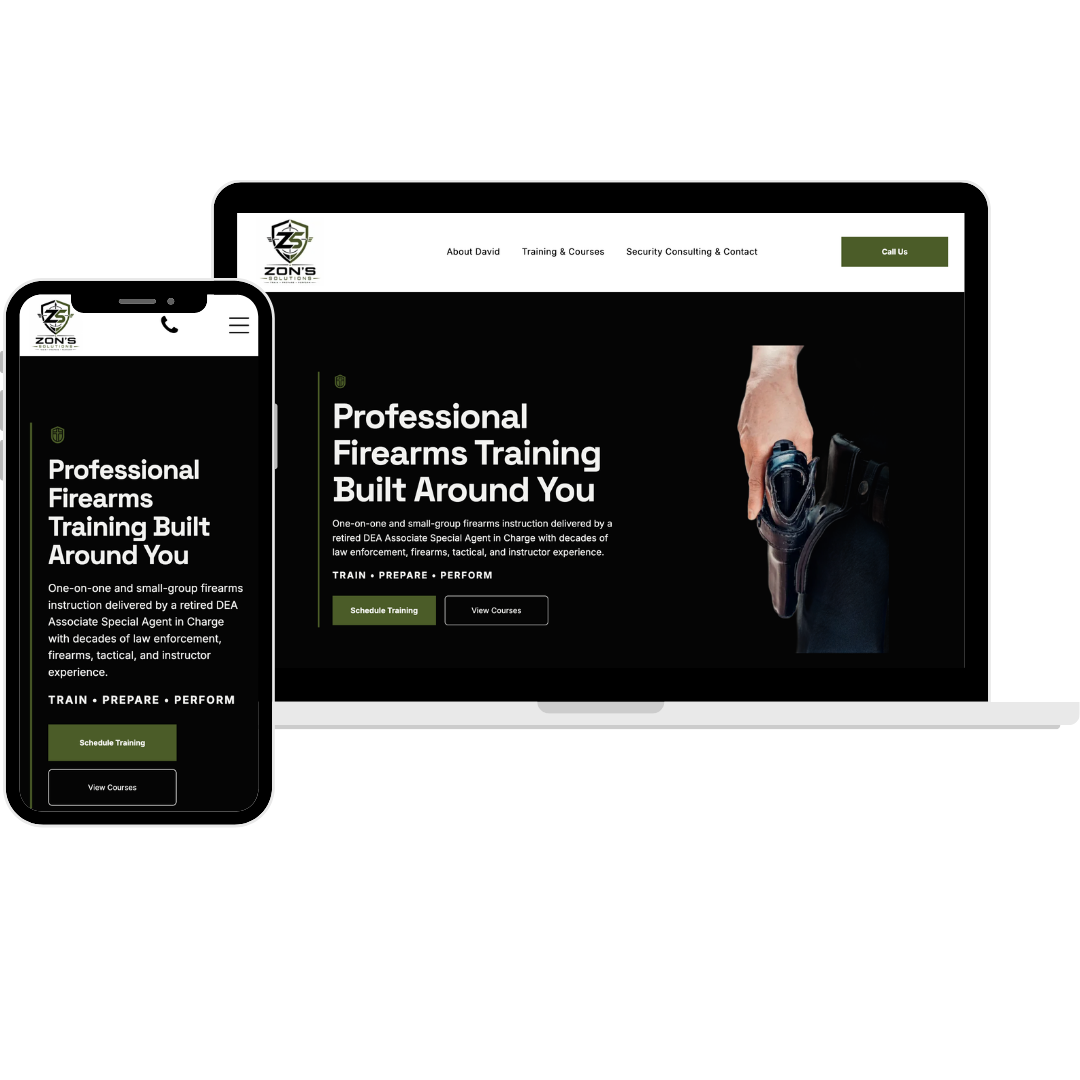 Website mockup on laptop and phone for a firearms training program, with black-and-green homepage design.
