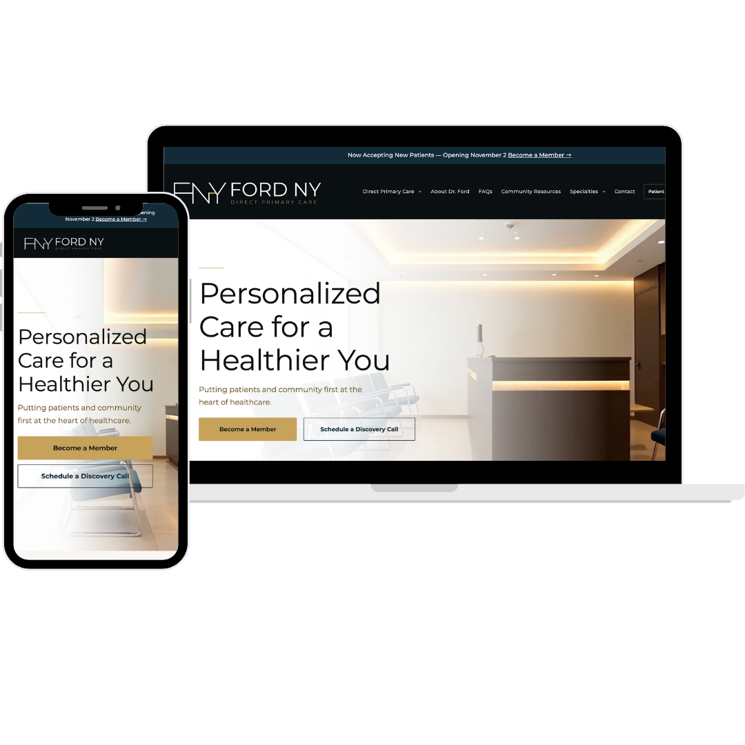Laptop and smartphone displaying NY Ford marketing website with “Personalized Care for a Healthier You” message