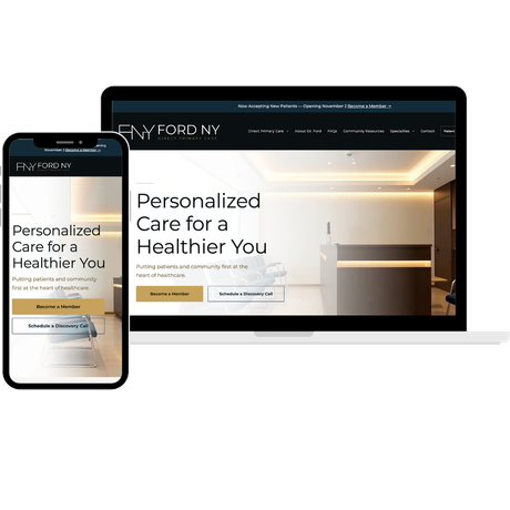 Tablet and phone showing a Ny Ford NY website with “Personalized Care for a Healthier You” on a dark, modern layout