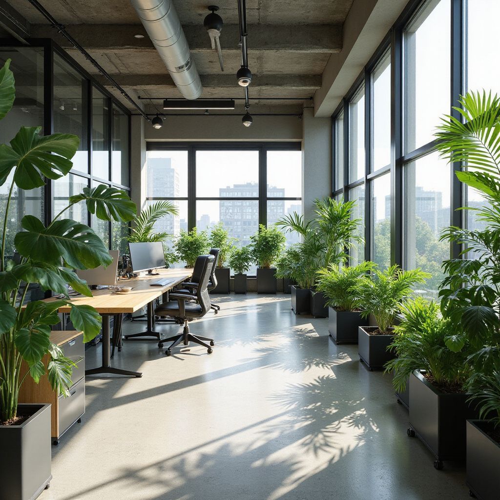 Modern office with large windows, numerous potted plants, and desks with computers.