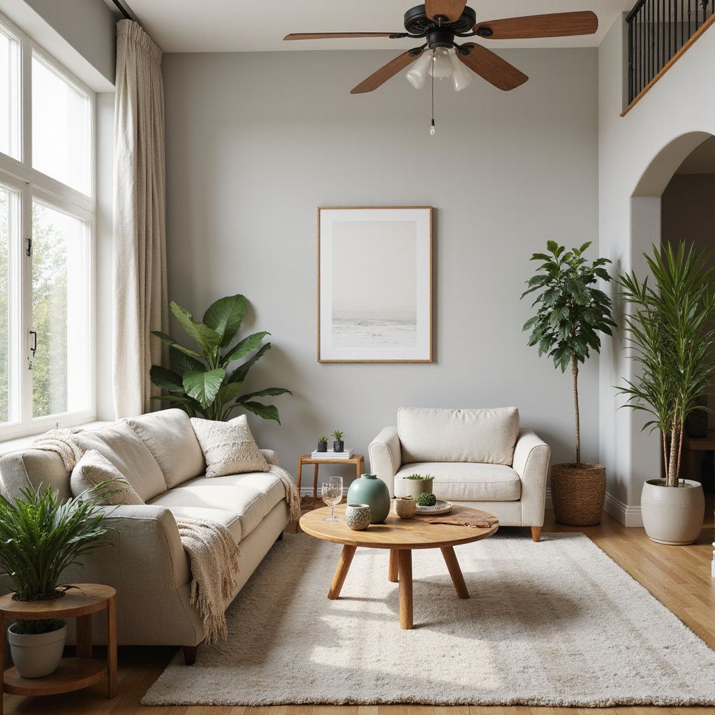 Living room with light gray walls, white sofa, plants, and wooden furniture.