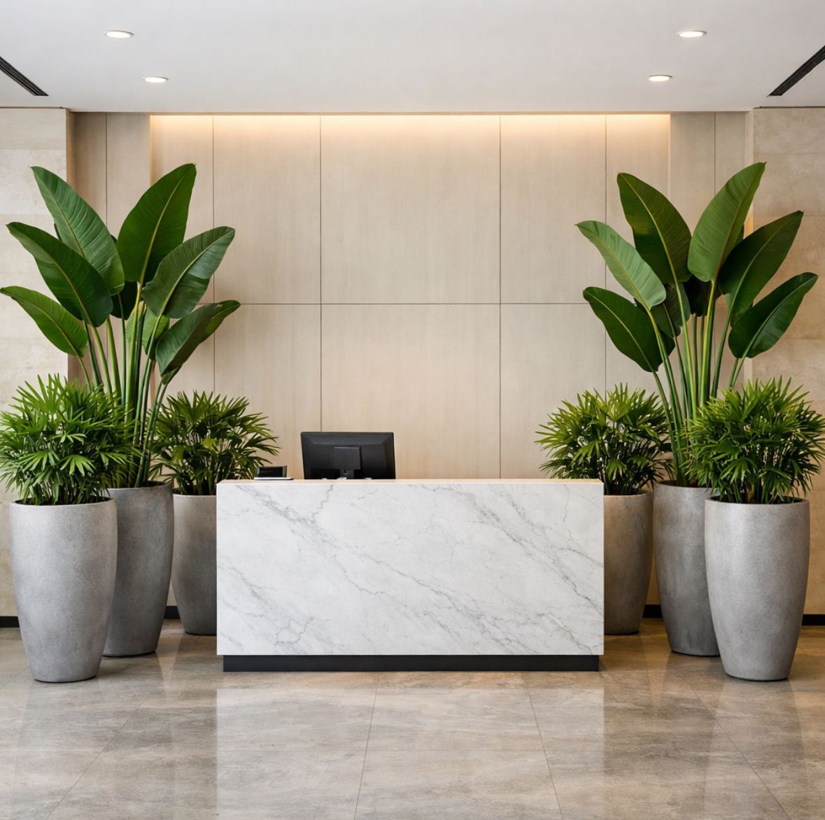 Indoor hallway with large windows, numerous potted plants, and natural light.