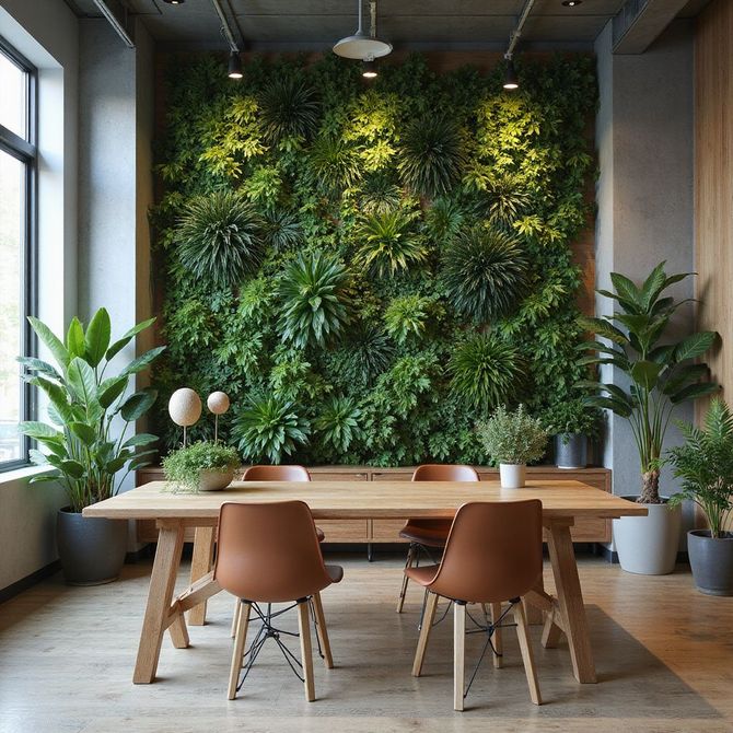 Dining area with wooden table and chairs, living wall, and potted plants.