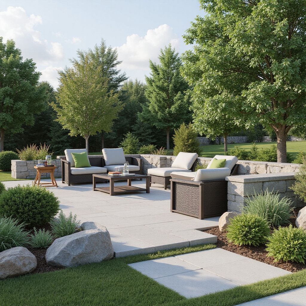 Patio with outdoor furniture: gray stone patio, brown wicker seating, green cushions, trees.