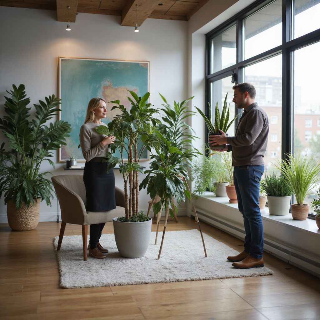 Couple tending plants indoors; sunny room, neutral tones, woman holds leaf, man with potted plant.