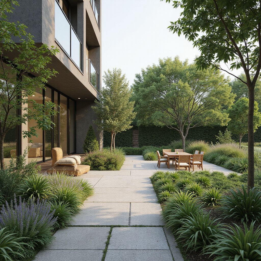 Exterior view of modern building with outdoor seating and garden.