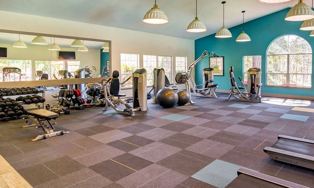 Gym interior with exercise equipment on checkered flooring, featuring weights, machines, and mirrors.