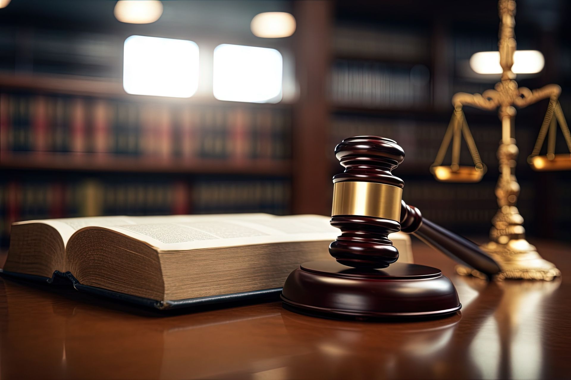 A judge's gavel and scales of justice are on a wooden table.