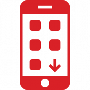 Red smartphone icon with app tiles and a downward arrow, suggesting a mobile app download