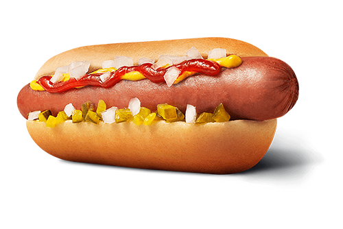 Hot dog with ketchup, mustard, and chopped onions in a bun on a white background